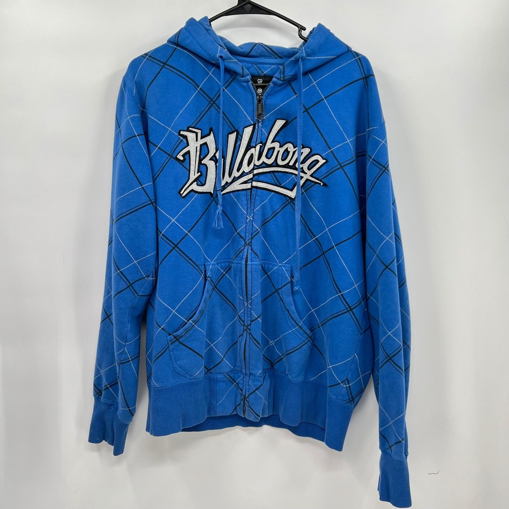 Billabong Medium Full Zip‎ Hoodie Mens Blue Grid Pattern Embroidered Logo Skater